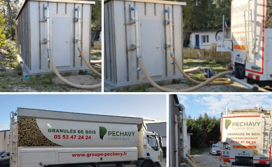 1ère livraison de granulés de bois pour une chaufferie biomasse moderne, mise en service après le remplacement d’une ancienne cuve fioul.