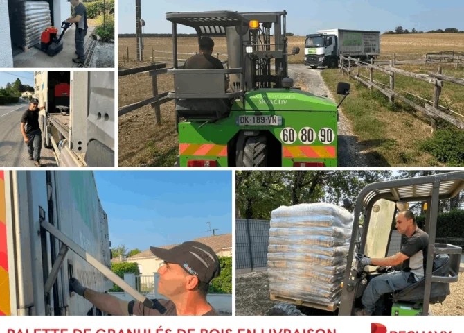Palette de granulés de bois en livraison Péchavy Energie Bois