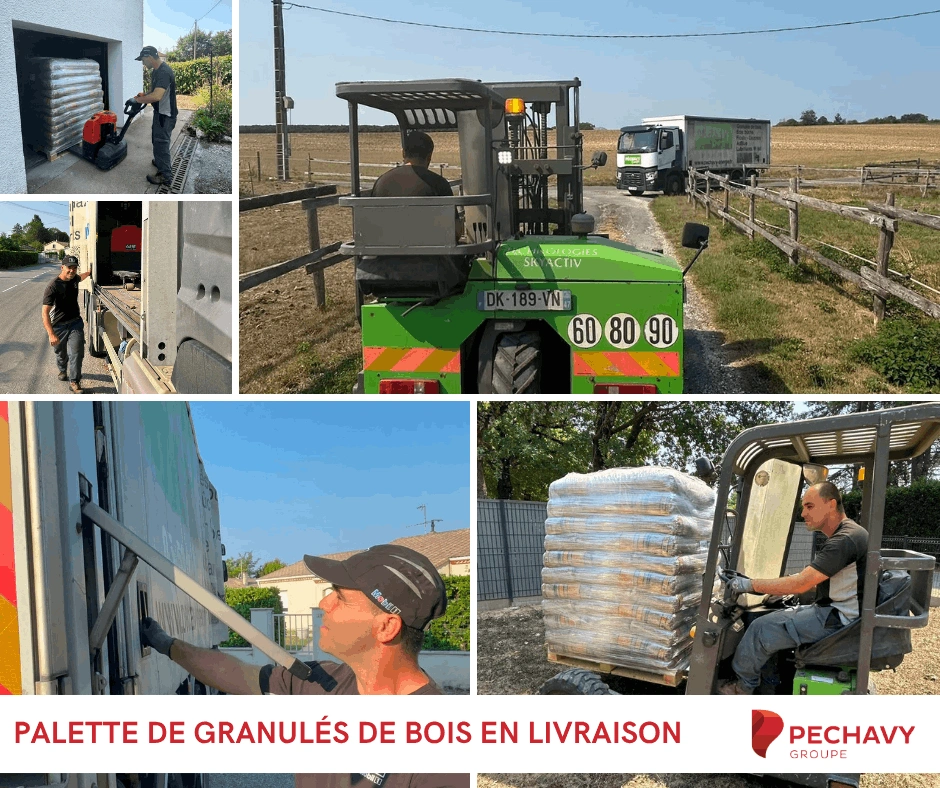 Palette de granulés de bois en livraison Péchavy Energie Bois